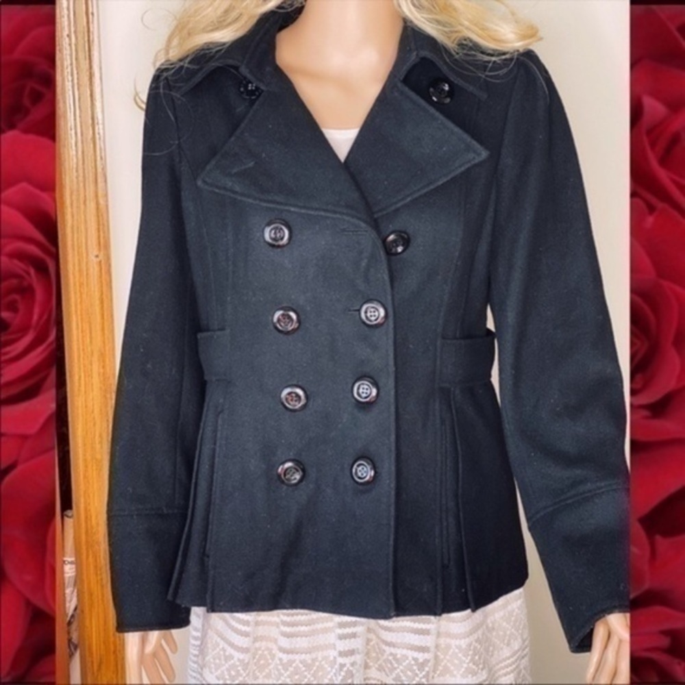 GUESS WOOL DOUBLE BREASTED BLACK PEACOAT JACKET M - Picture 9 of 10